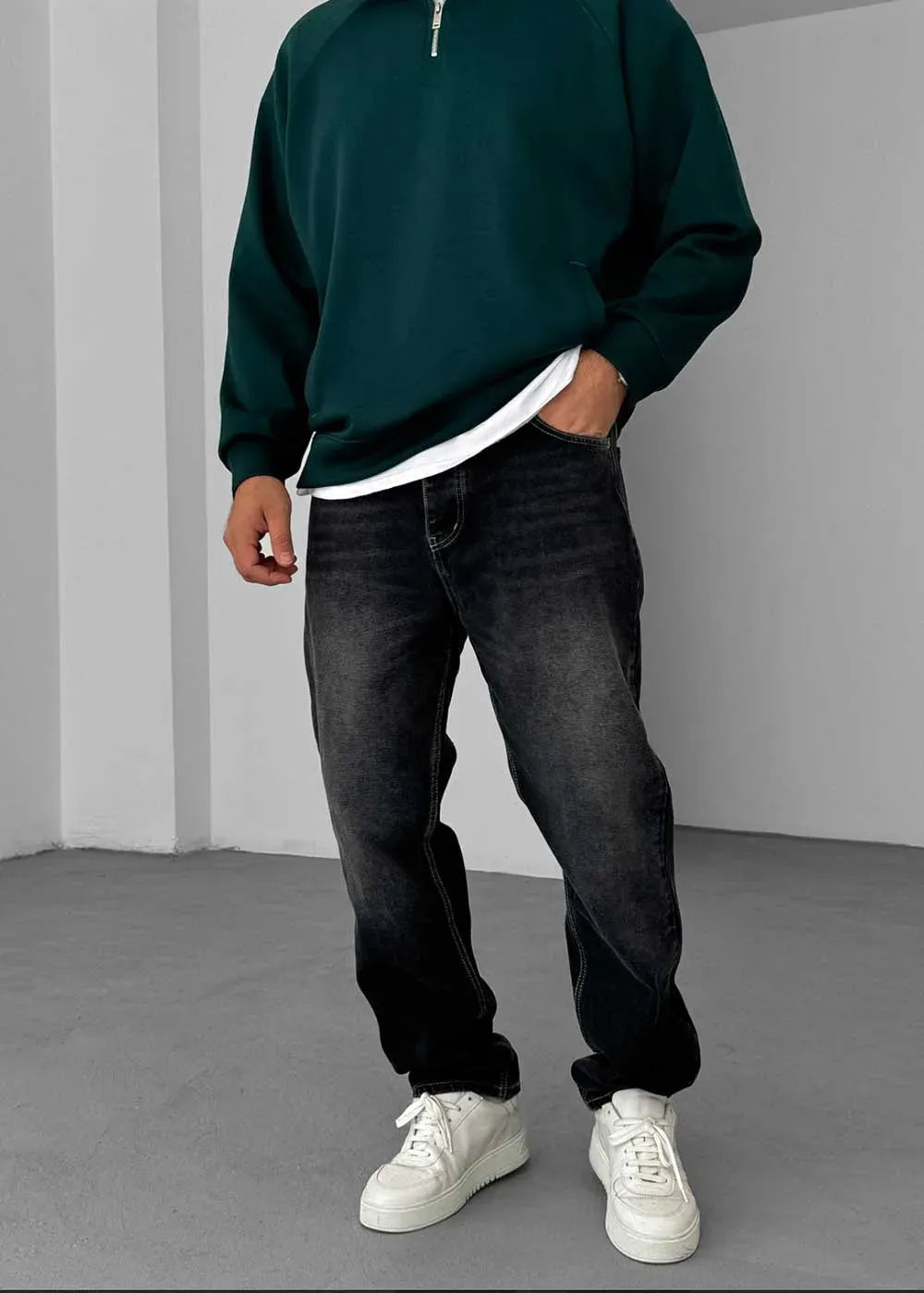 Baggy Denim Τζιν Παντελόνι Με Ραφές Και Ξεβαμμένο Εφέ – Ανθρακί