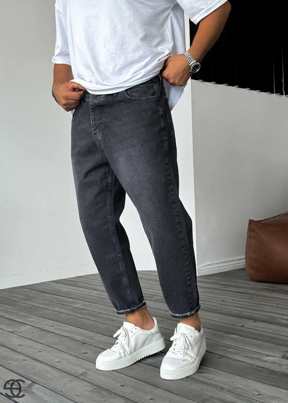 Παντελόνι Τζιν Loose Fit Με Ξεβαμμένο Εφέ – Ανθρακί