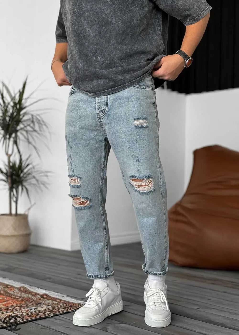 Παντελόνι Τζιν Loose Fit Με Σκισίματα -Επεξεργαμένο Γαλάζιο