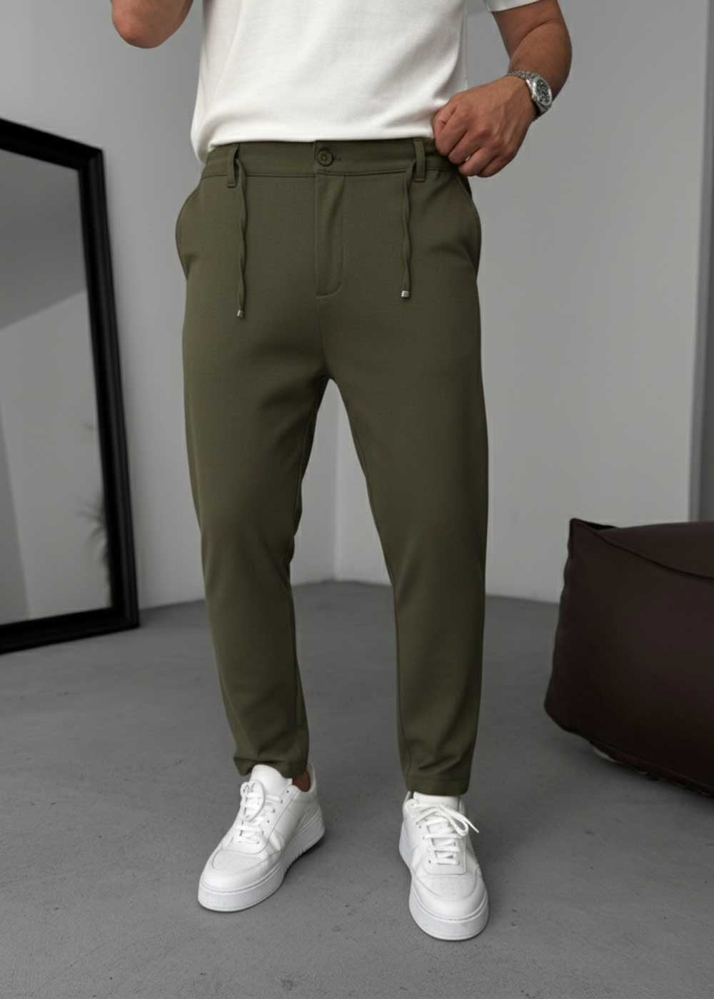 Relaxed Fit Υφασμάτινο Παντελόνι με Λάστιχο – Χακί