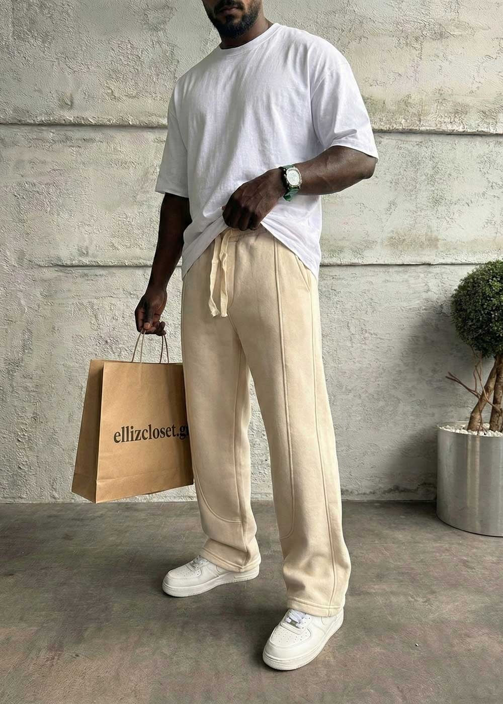 Minimal Ελαστική Baggy Φόρμα με Ραφές – Μπεζ