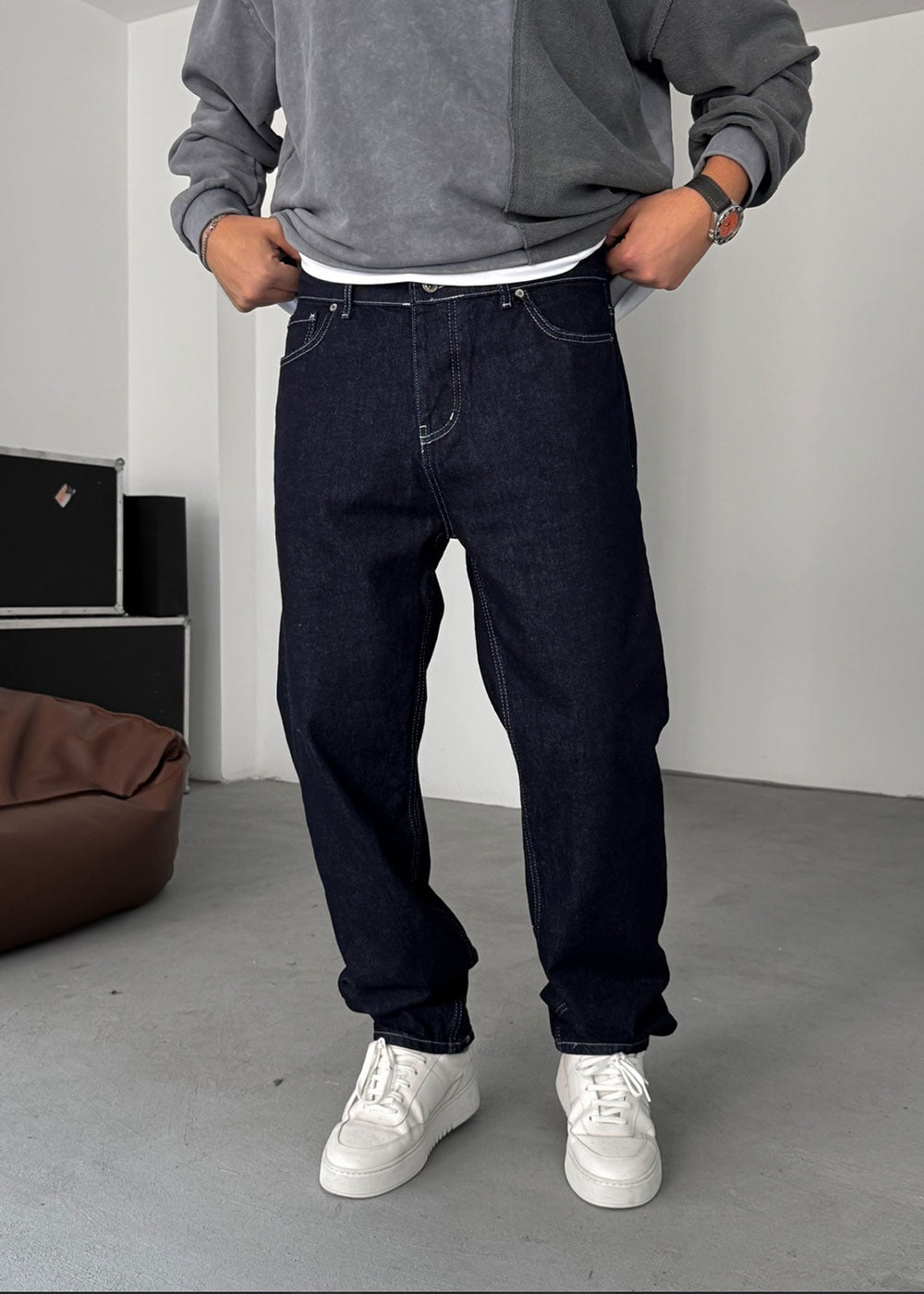 Baggy Denim Τζιν Παντελόνι Με Ραφές – Σκούρο Μπλε