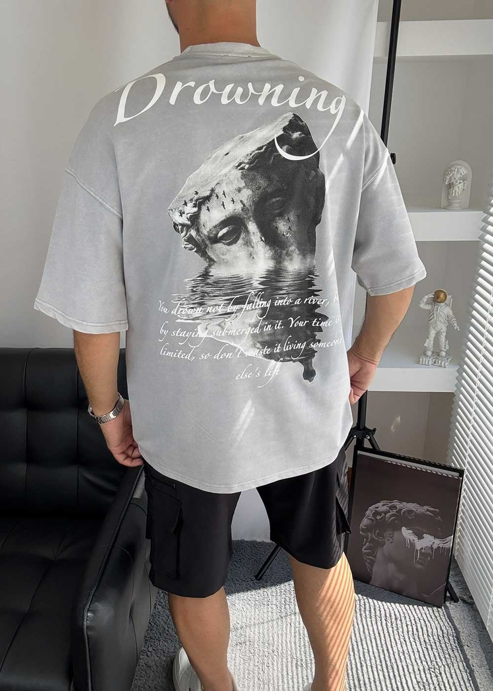 Drowning Oversized T-Shirt με Τύπωμα – Γκρι Ξεβαμμένο