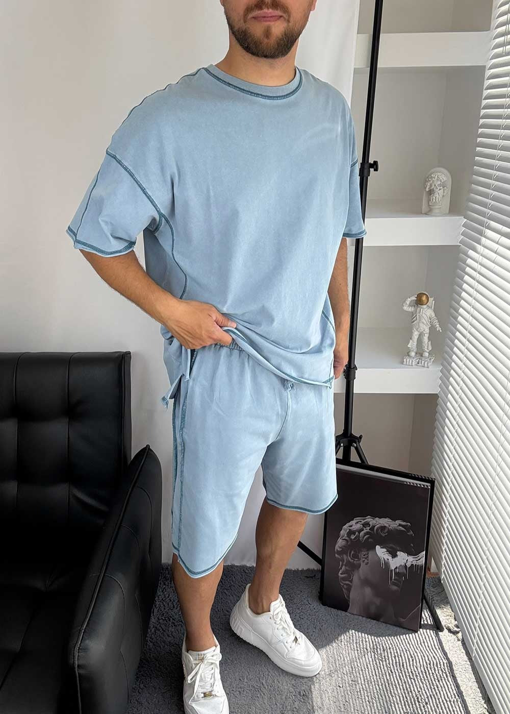 Distressed Σετ Tshirt και Βερμούδα με Λάστιχο στη Μέση – Γαλάζιο Ξεβαμμένο