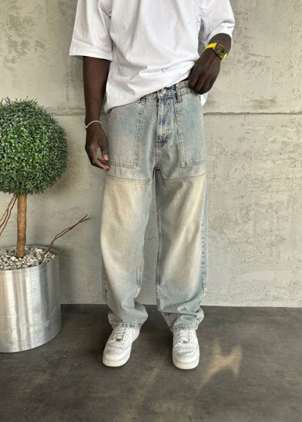 Workwear Τζιν Baggy Fit με Εφέ Panel – Γαλάζιο Έντονα Ξεβαμμένο
