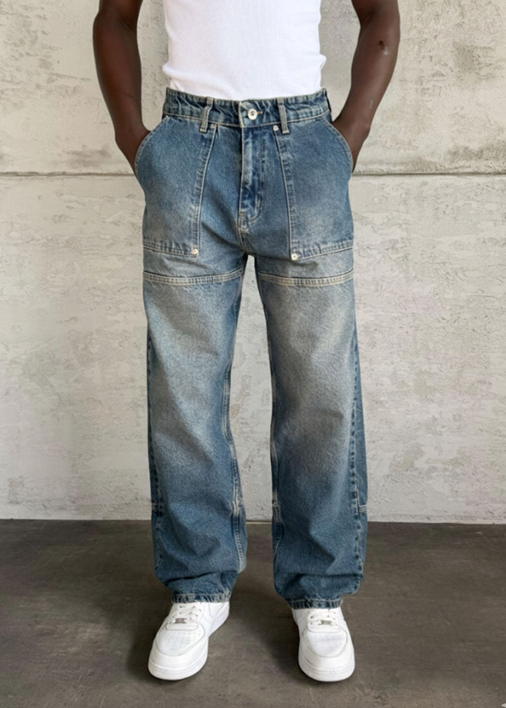 Workwear Τζιν Baggy Fit με Εφέ Panel – Μπλε Ξεβαμμένο
