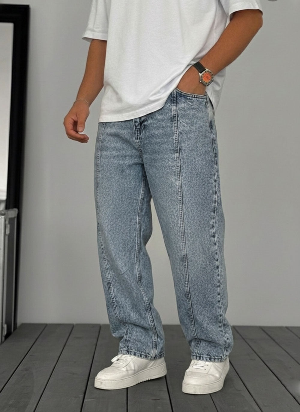Washed Baggy Jean με Τονισμένη Μπροστινή Ραφή – Μπλε