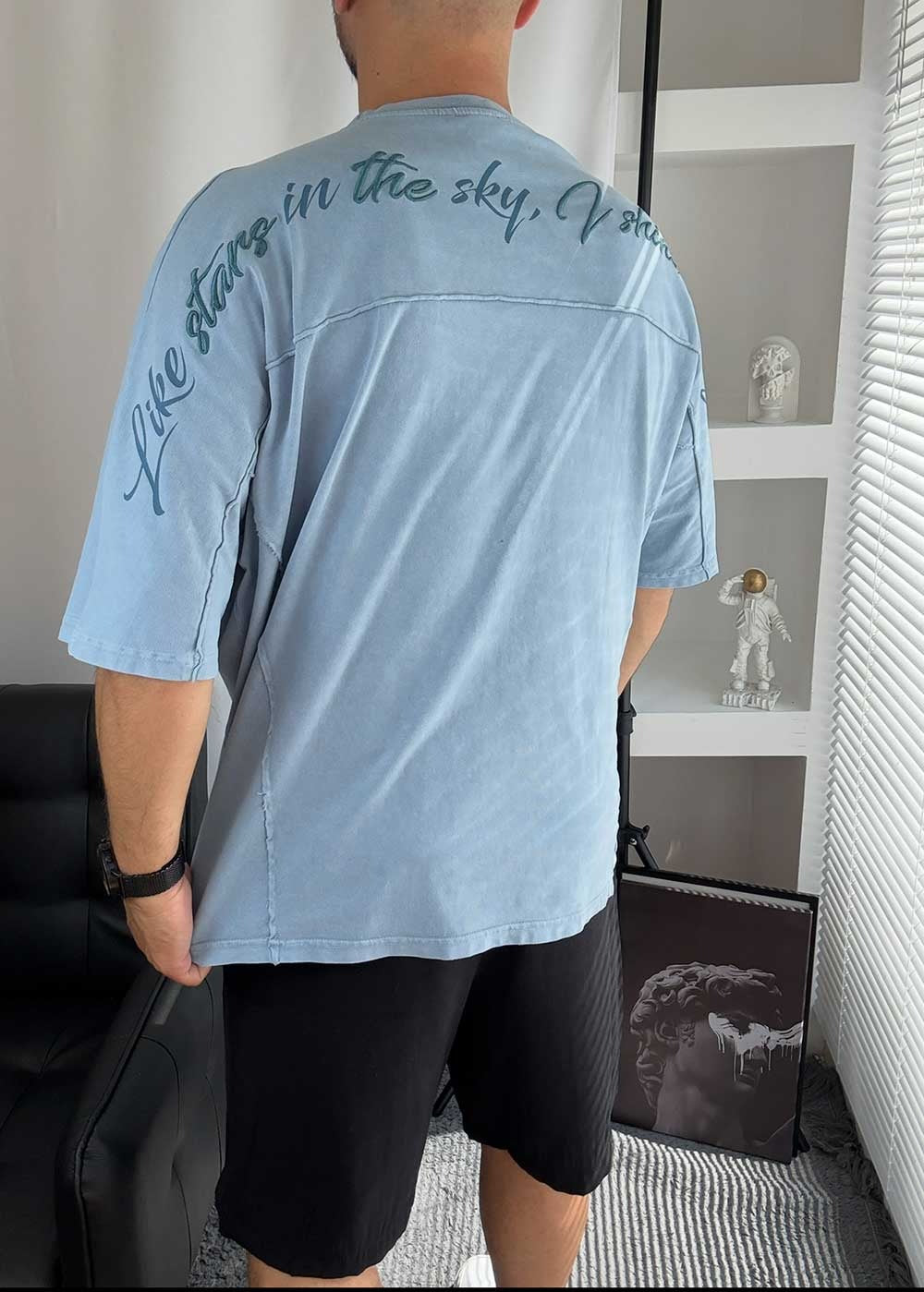 Oversized T-Shirt με Κέντημα Like Stars και Εξωτερικές Ραφές – Γαλάζιο