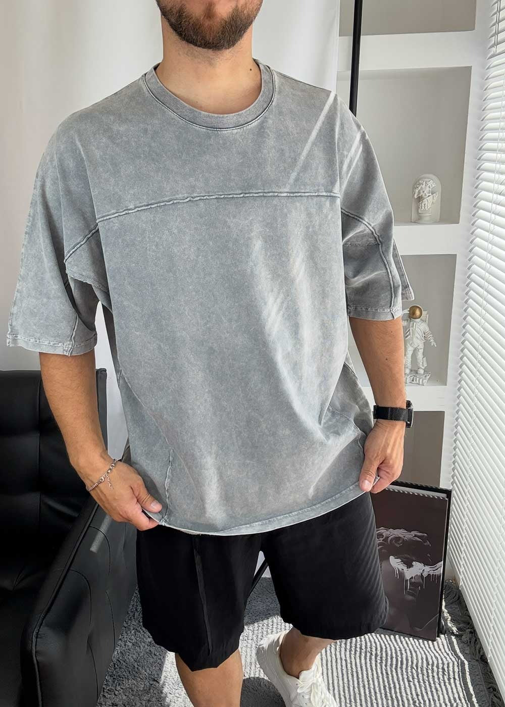 Oversized T-Shirt με Κέντημα Like Stars και Εξωτερικές Ραφές -Γκρι