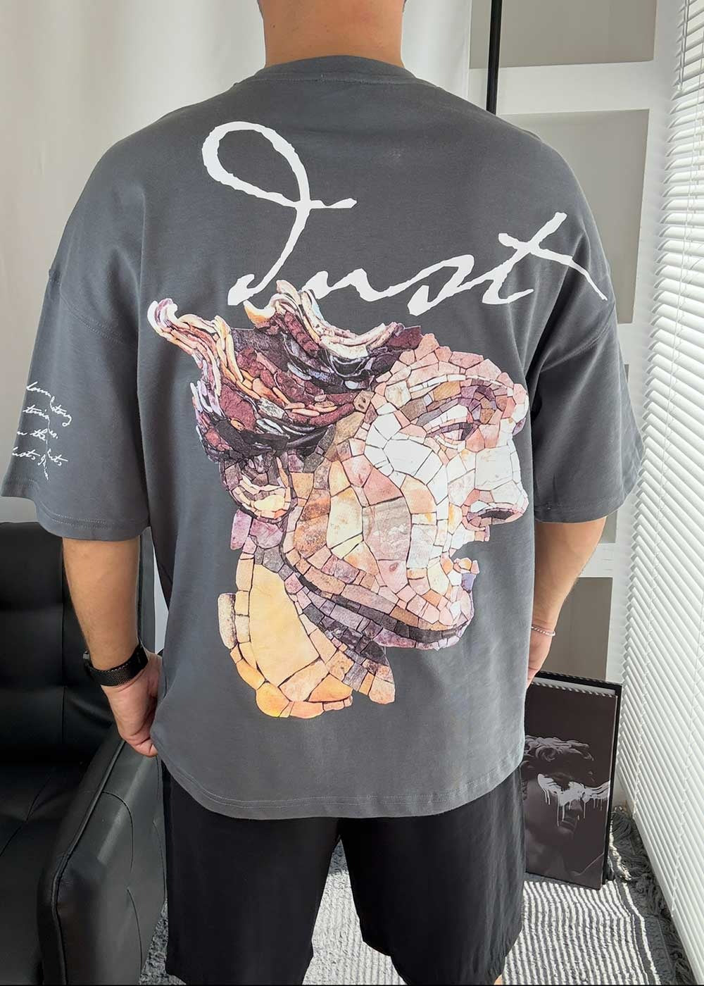 Mosaic Art Oversized T-Shirt με Τύπωμα – Ανθρακί