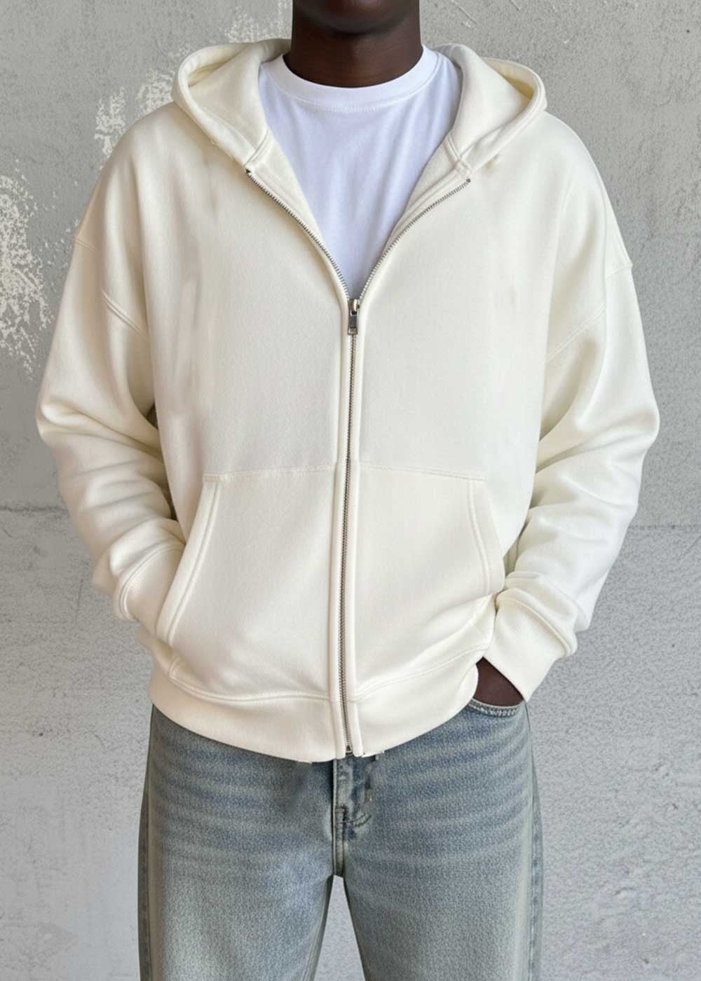 Oversized Ζακέτα Φούτερ με Διπλό Άνοιγμα Φερμουάρ Εσωτερική Επένδυση – Λευκό