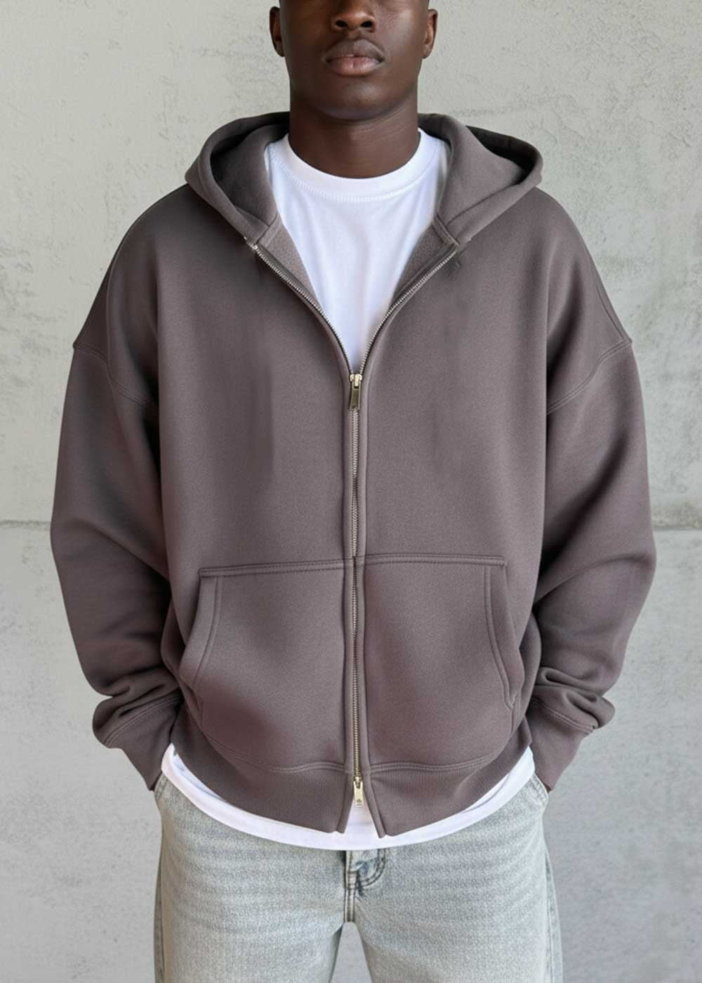 Oversized Ζακέτα Φούτερ με Διπλό Άνοιγμα Φερμουάρ Εσωτερική Επένδυση – Καφέ Ποντικί