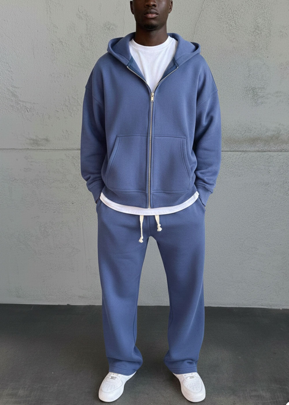 Ανδρικό σετ με oversized ζακέτα φούτερ με διπλό φερμουάρ, baggy φόρμα και εσωτερική επένδυση σε μπλε