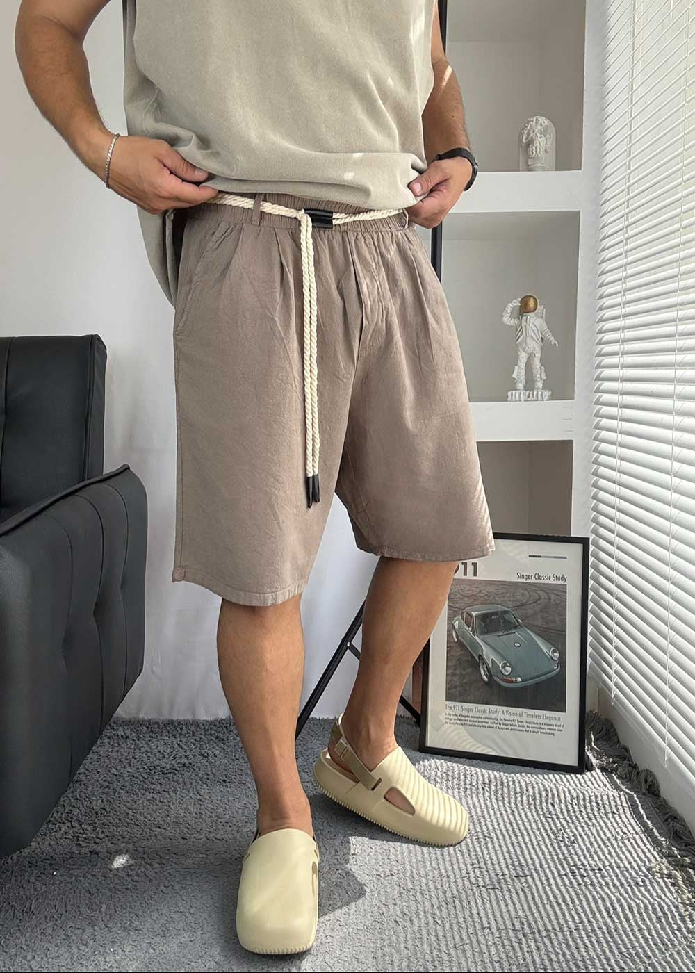 Oversized Λινή Βερμούδα Με Κορδόνι- Καφέ