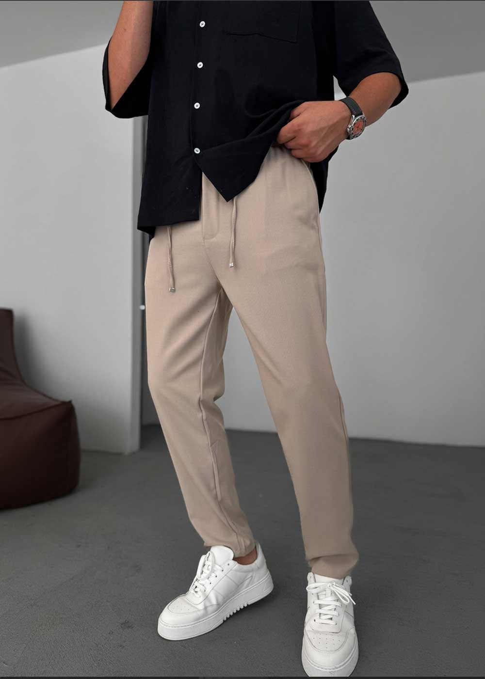 Relaxed Fit Υφασμάτινο Παντελόνι με Λάστιχο – Μπεζ