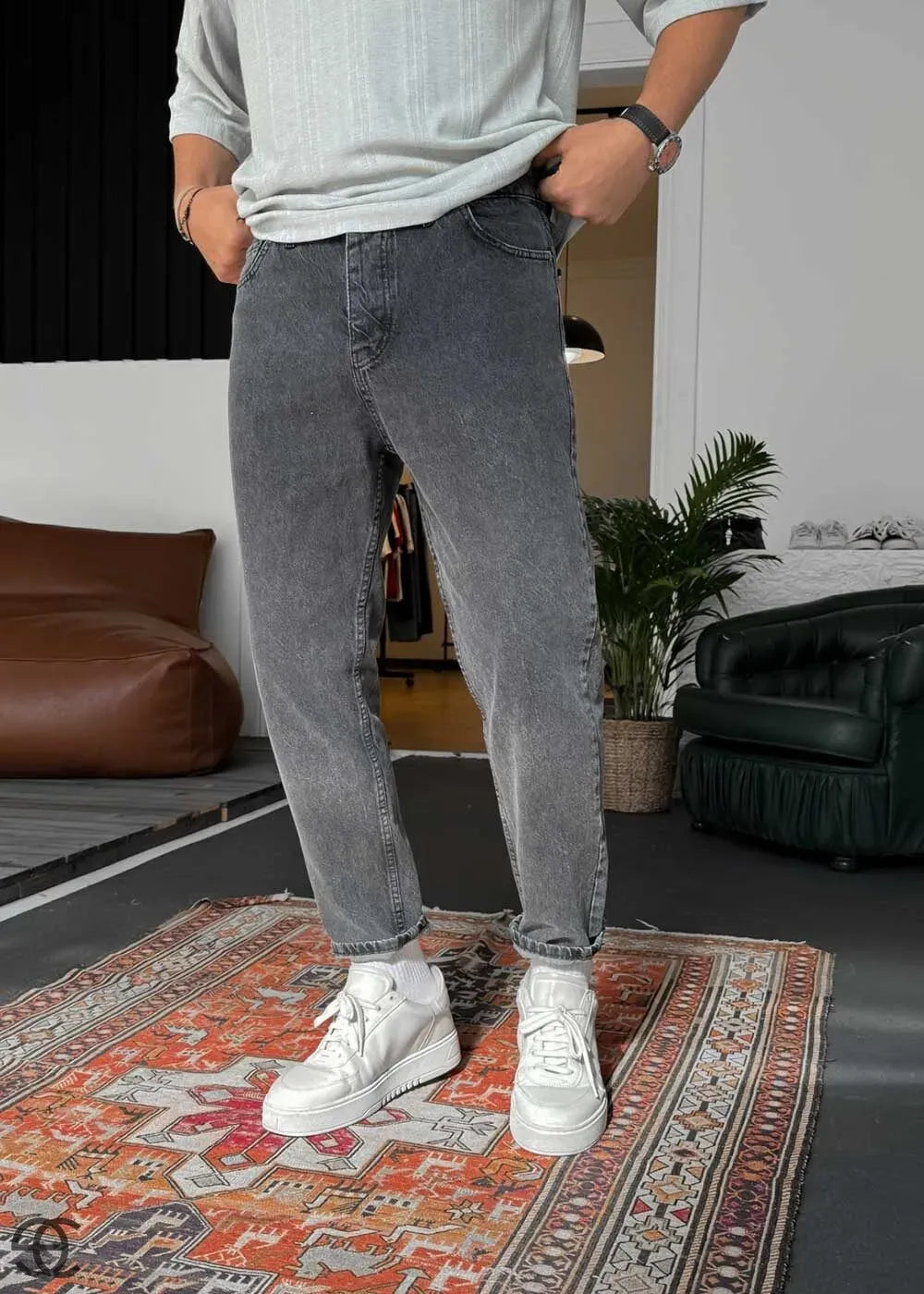 Basic Παντελόνι Τζιν Loose Fit - Ανθρακί