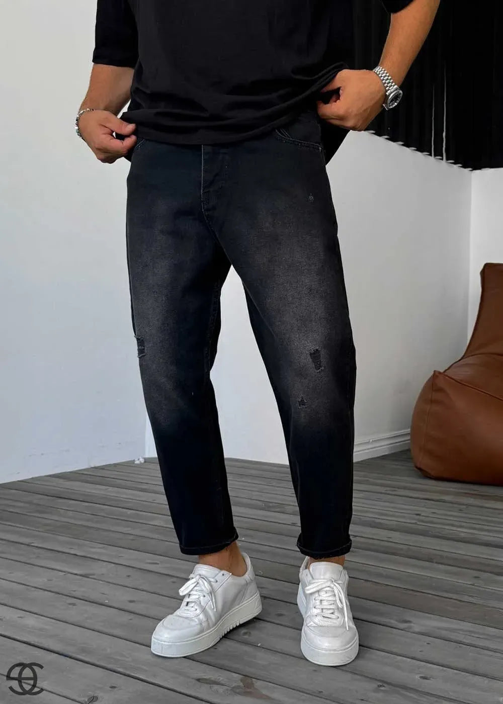 Παντελόνι Τζιν Loose Fit Με Λεπτομέρεια Από Σκισίματα - Μαύρο Ξεβαμμένο