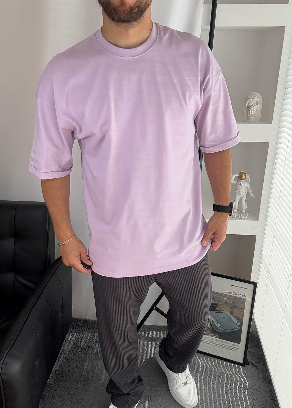 Basic Oversized T-Shirt με Γύρισμα στα Μανίκια – Λιλά