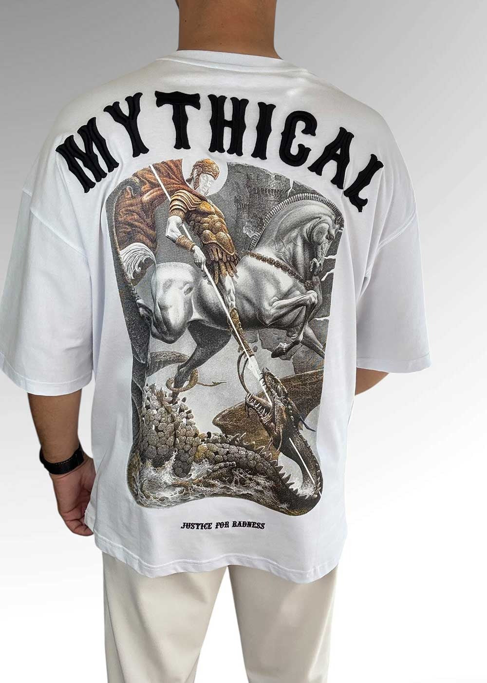 Mythical Oversized T-Shirt με Τύπωμα και Κεντημένο Λογότυπο – Λευκό