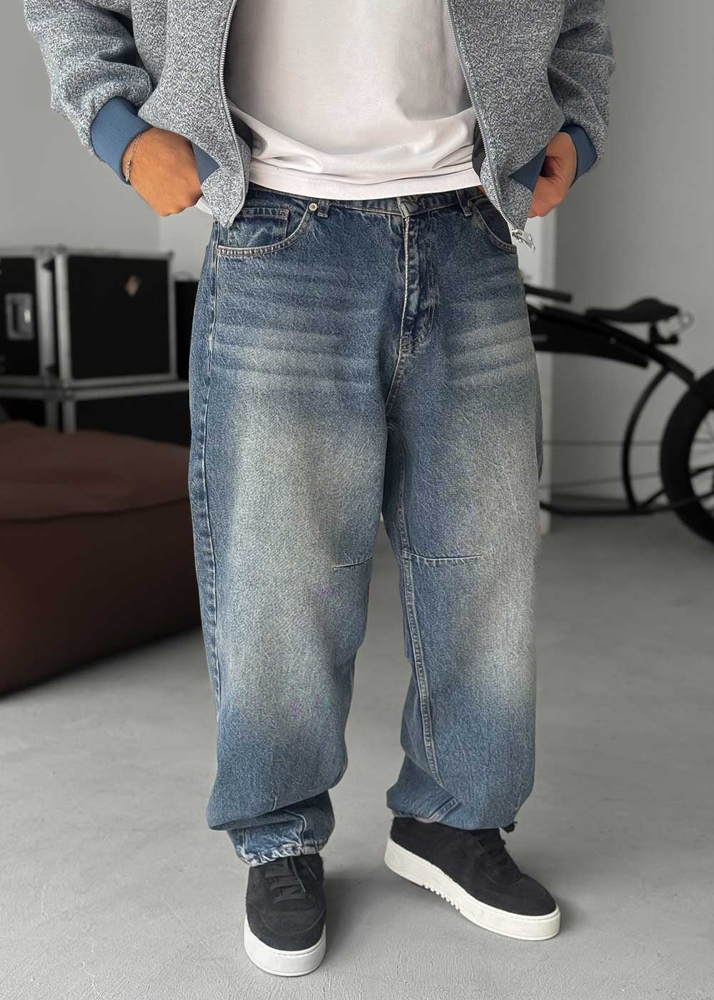 Washed Baggy Jean με Τονισμένες Ραφές – Σκούρο Μπλε