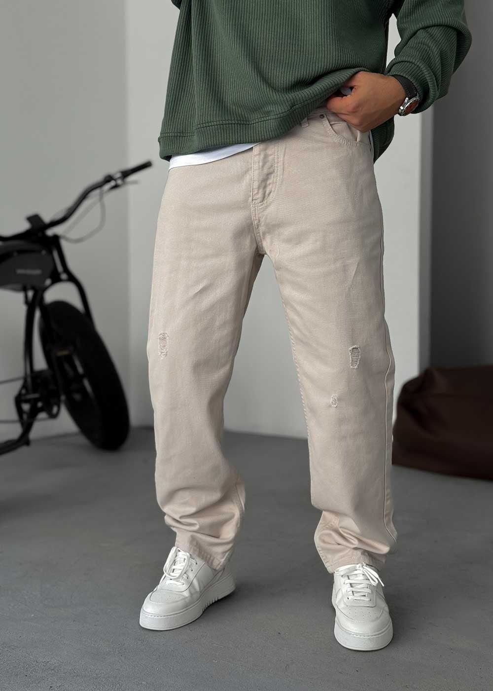 Παντελόνι Baggy Jean Με Μικρά Σκισίματα – Μπεζ – 5
