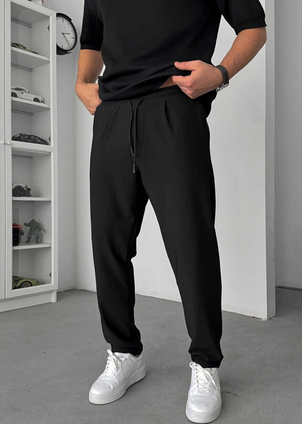Textured Straight Fit Παντελόνι – Μαύρο