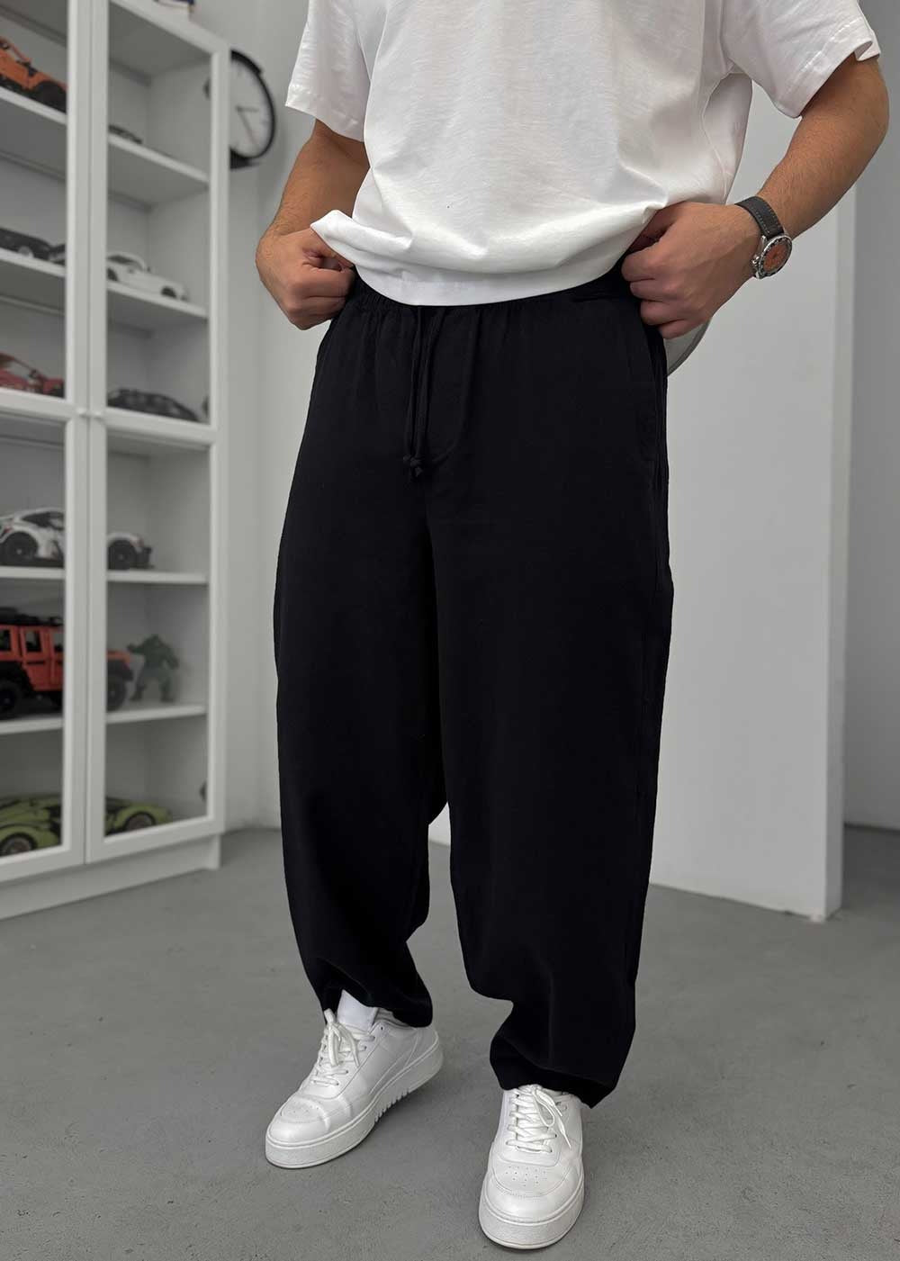 Baggy Παντελόνι Linen-Touch – Μαύρο