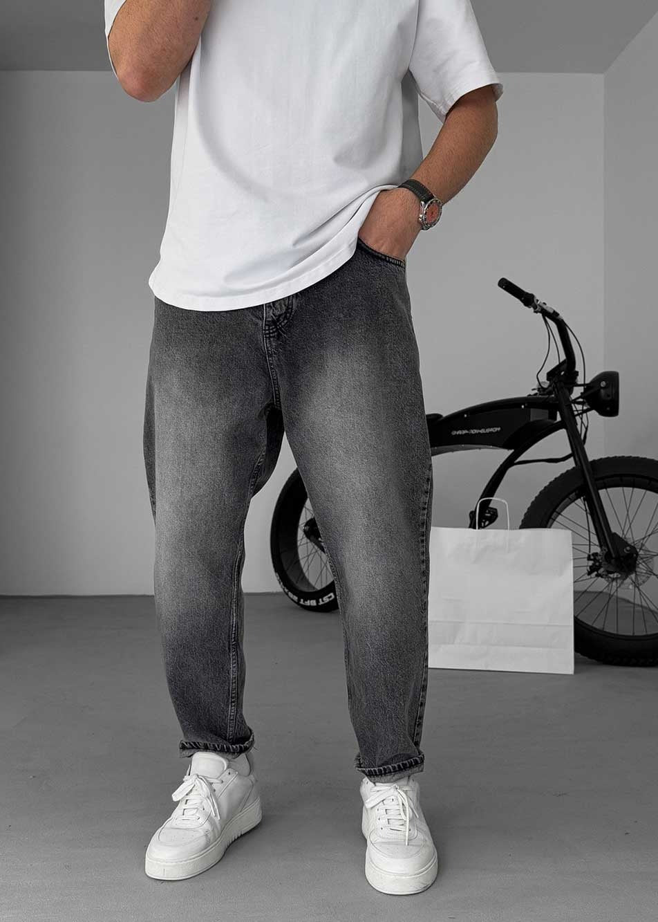 Παντελόνι Τζιν Loose Fit  Ξεβαμμένο Εφέ – Ανθρακί