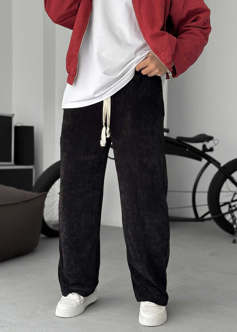 Κοτλέ Corduroy Baggy Παντελόνι με Λάστιχο στη Μέση – Μαύρο