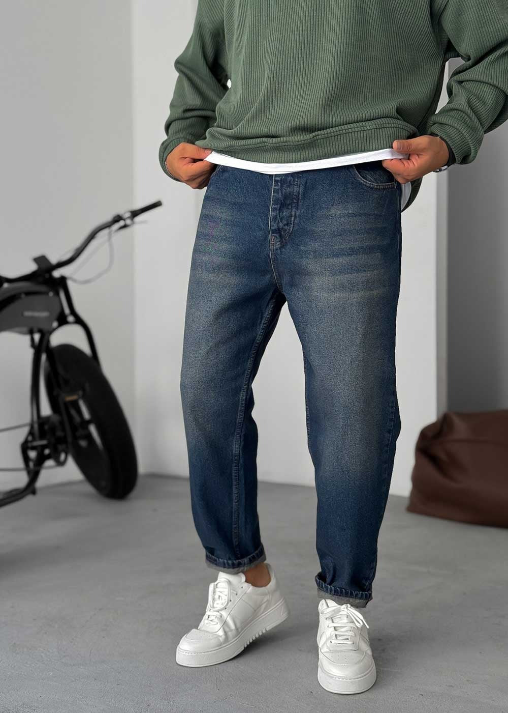 Παντελόνι Τζιν Loose Fit Πεπαλαιωμένο Ξεβαμμένο - Σκούρο Μπλε