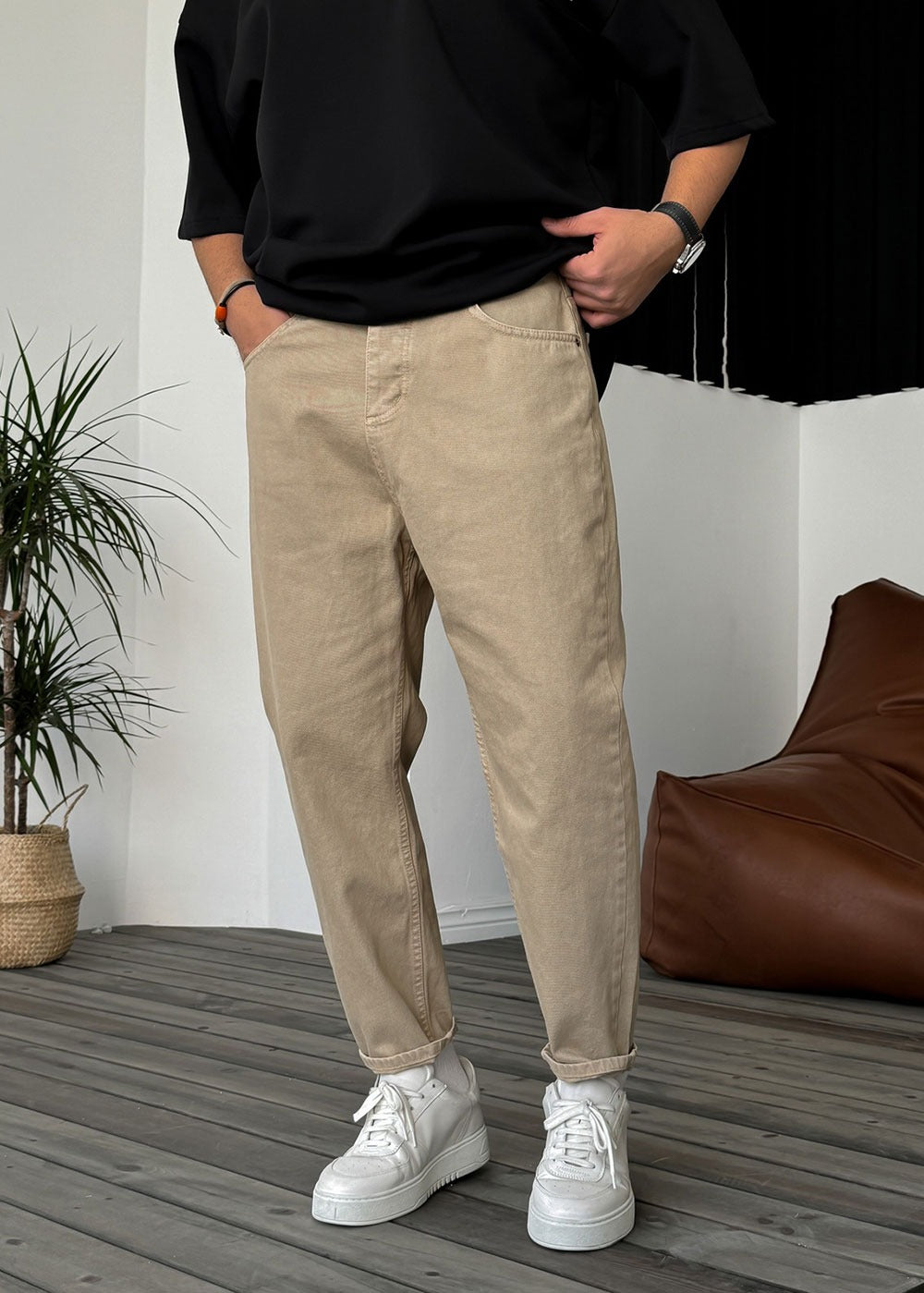 Basic Παντελόνι Τζιν Loose Fit -Μπεζ