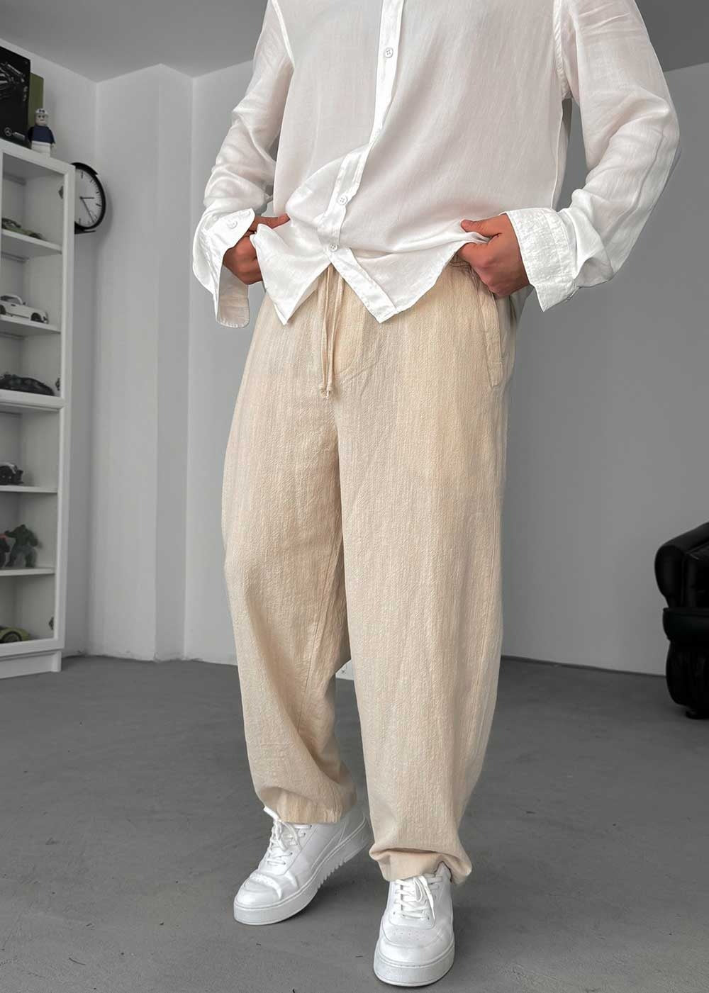 Baggy Παντελόνι Linen-Touch – Μπεζ