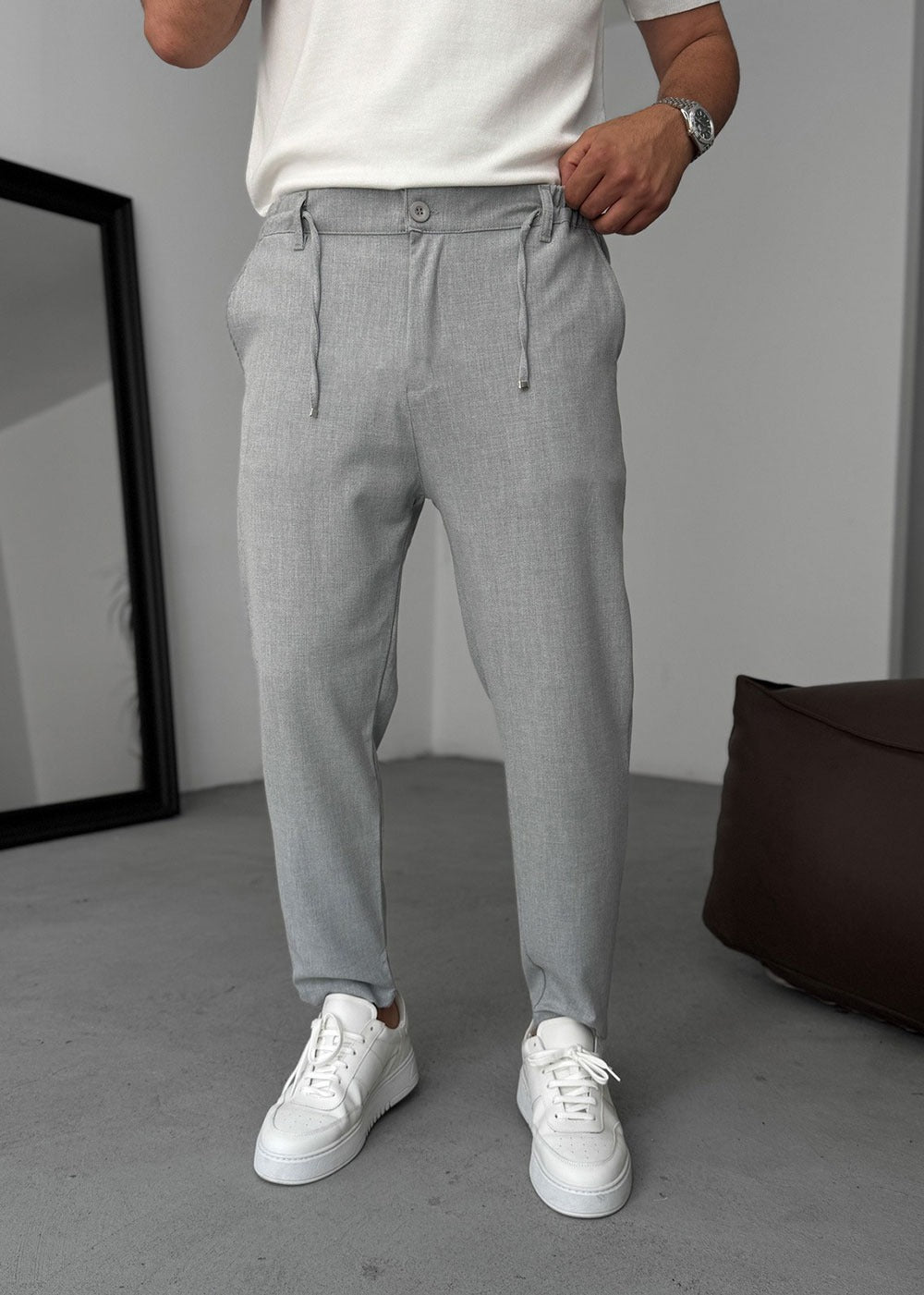 Relaxed Fit Υφασμάτινο Παντελόνι με Λάστιχο – Γκρι