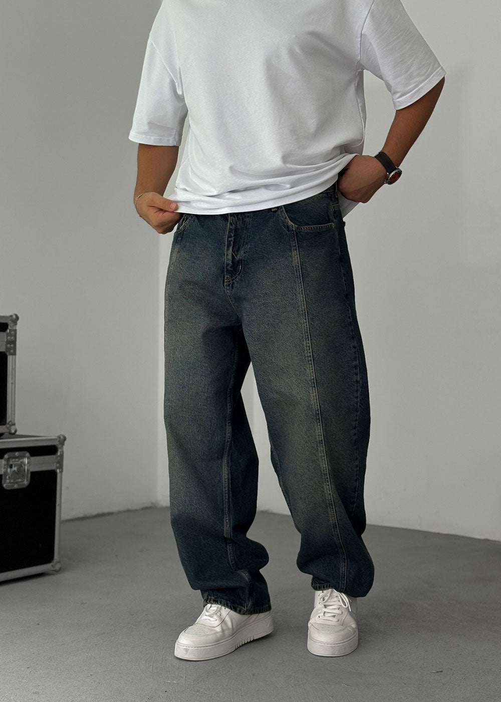 Washed Baggy Jean με Τονισμένη Μπροστινή Ραφή – Μπλε Πεπαλαιωμένο