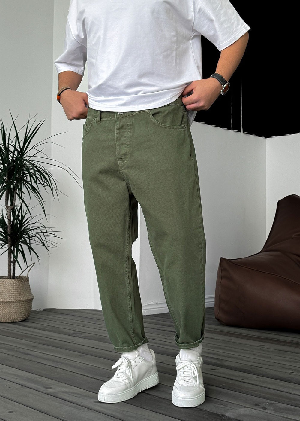 Basic Παντελόνι Τζιν Loose Fit -Χακί – 6