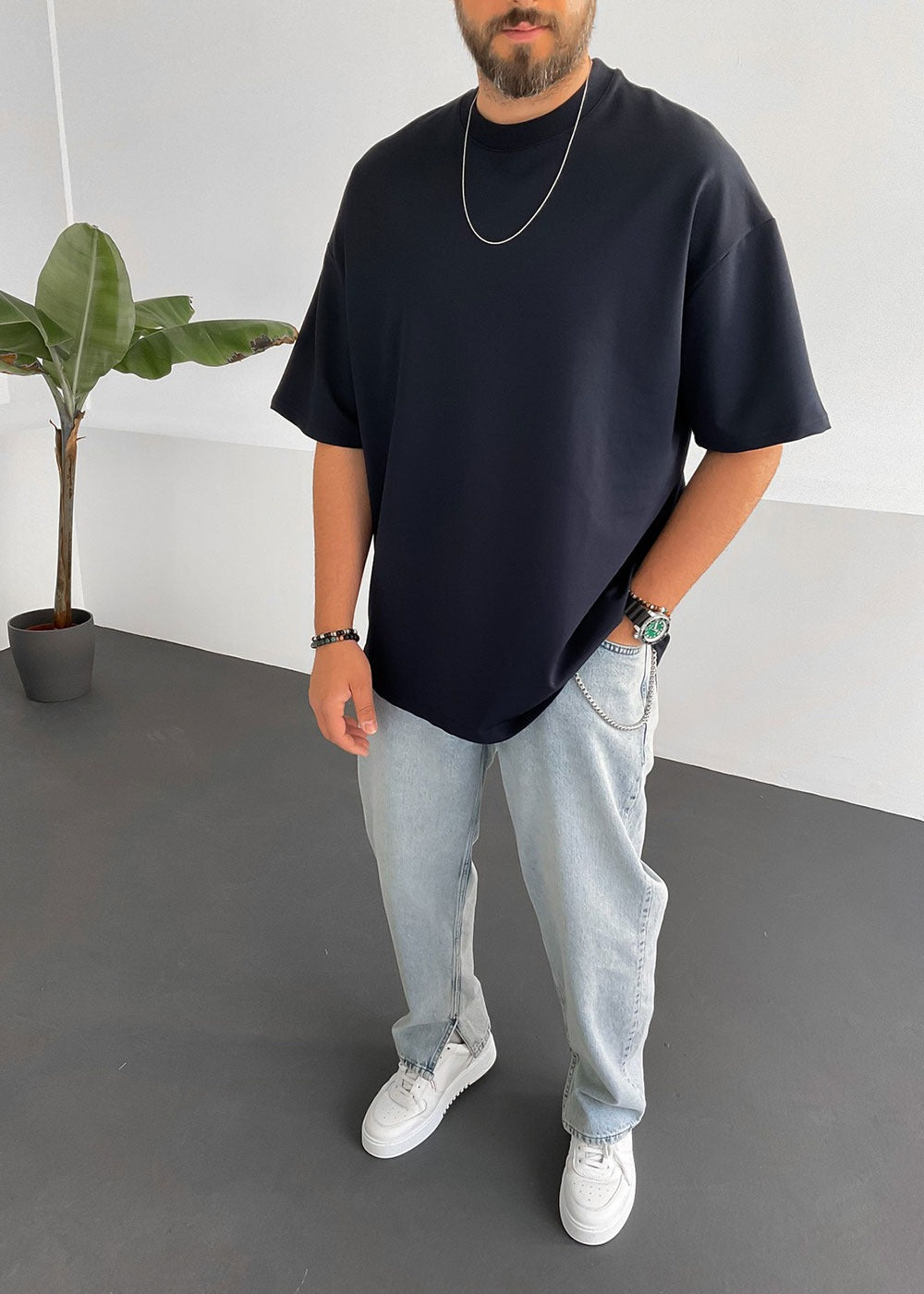 Basic Oversized T-Shirt Με Οβάλ Τελείωμα Σε Ύφανση Δύο Κλωστών- Σκούρο Μπλε