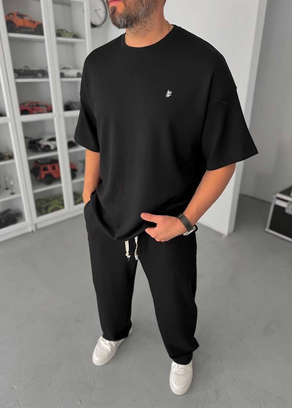 Embossed Modal Oversized T-Shirt & Relaxed Jogger Σετ – Μαύρο
