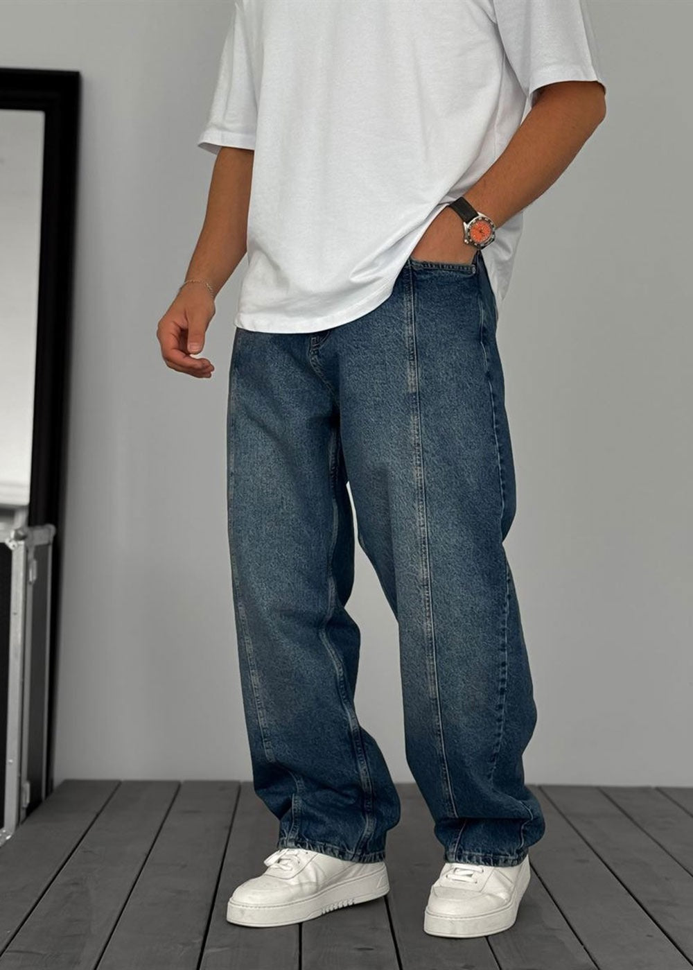 Washed Baggy Jean με Τονισμένη Μπροστινή Ραφή – Μπλε