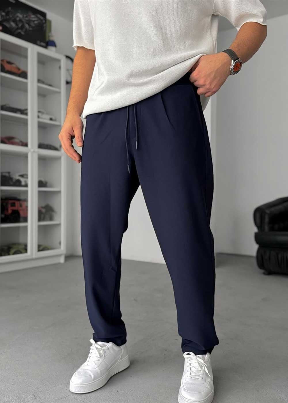 Textured Straight Fit Παντελόνι – Μπλε