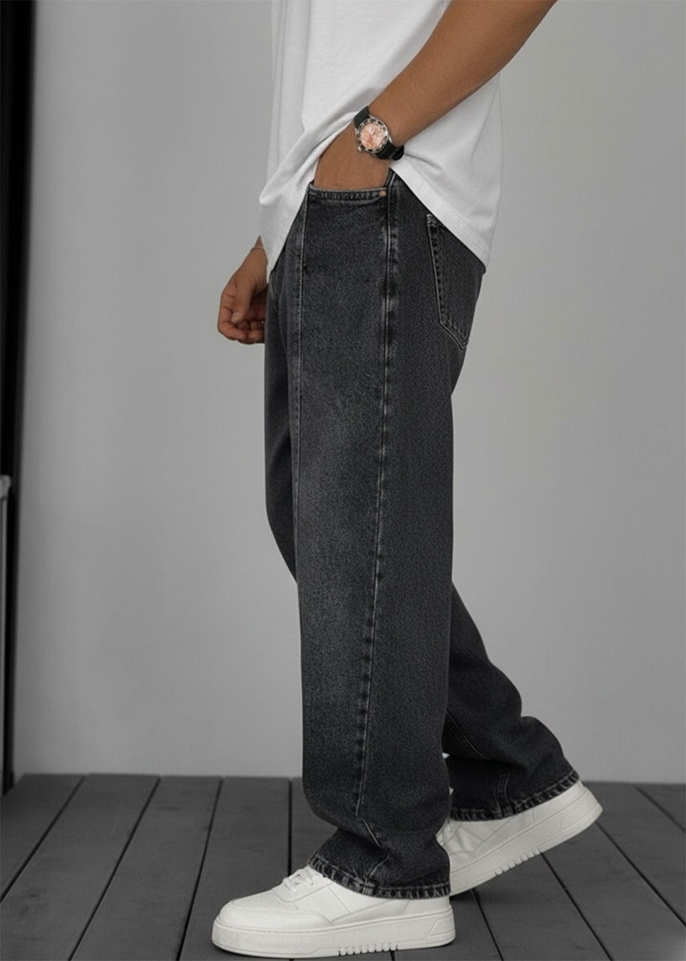 Washed Baggy Jean με Τονισμένη Μπροστινή Ραφή – Ανθρακί – 2