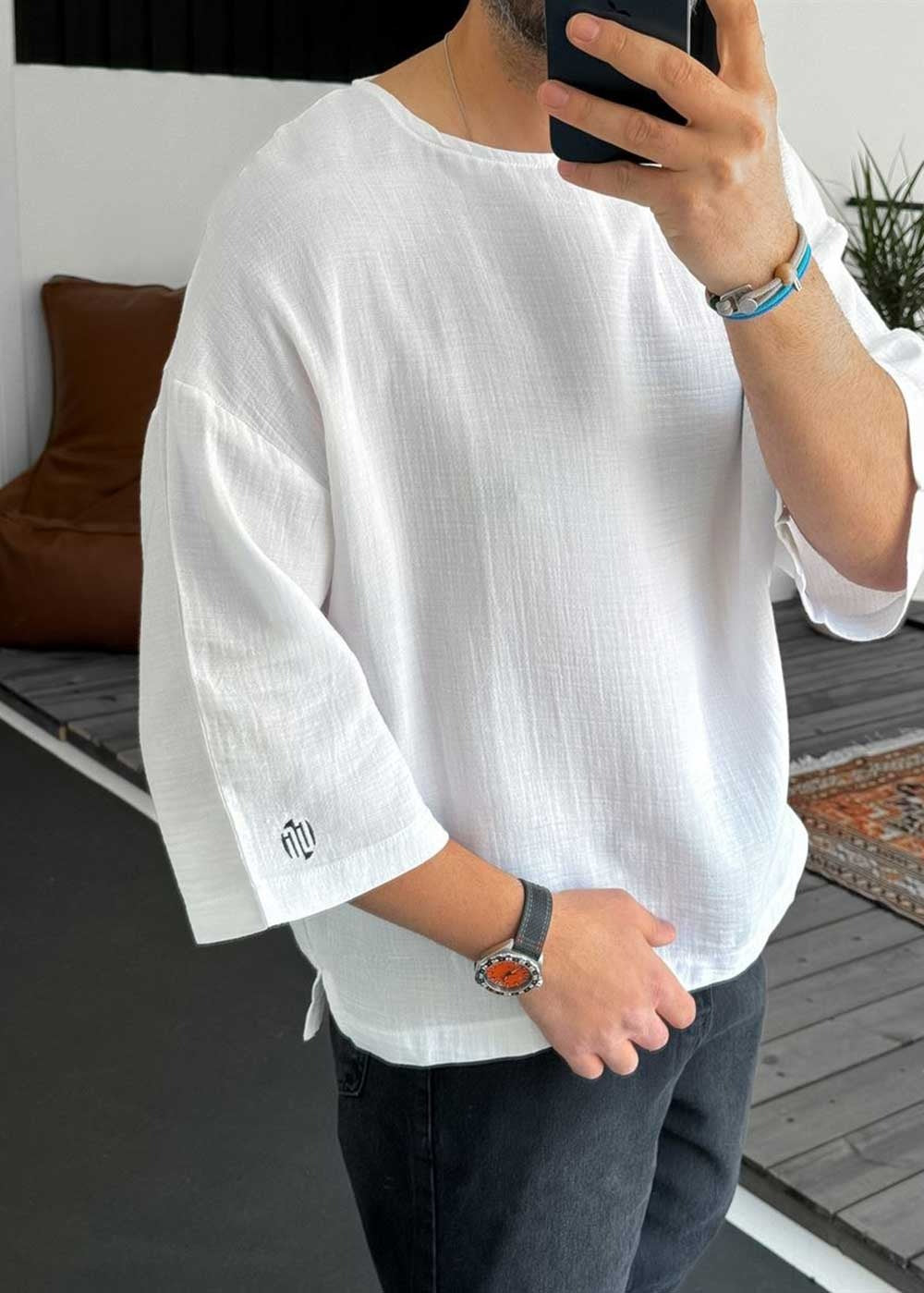 Three-Quarter 3/4 Sleeve T-Shirt σε Ύφανση Μουσελίνα – Λευκό – 2