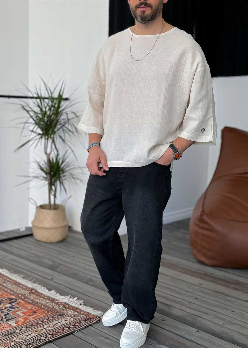 Three-Quarter 3/4 Sleeve T-Shirt σε Ύφανση Μουσελίνα – Μπεζ – 2