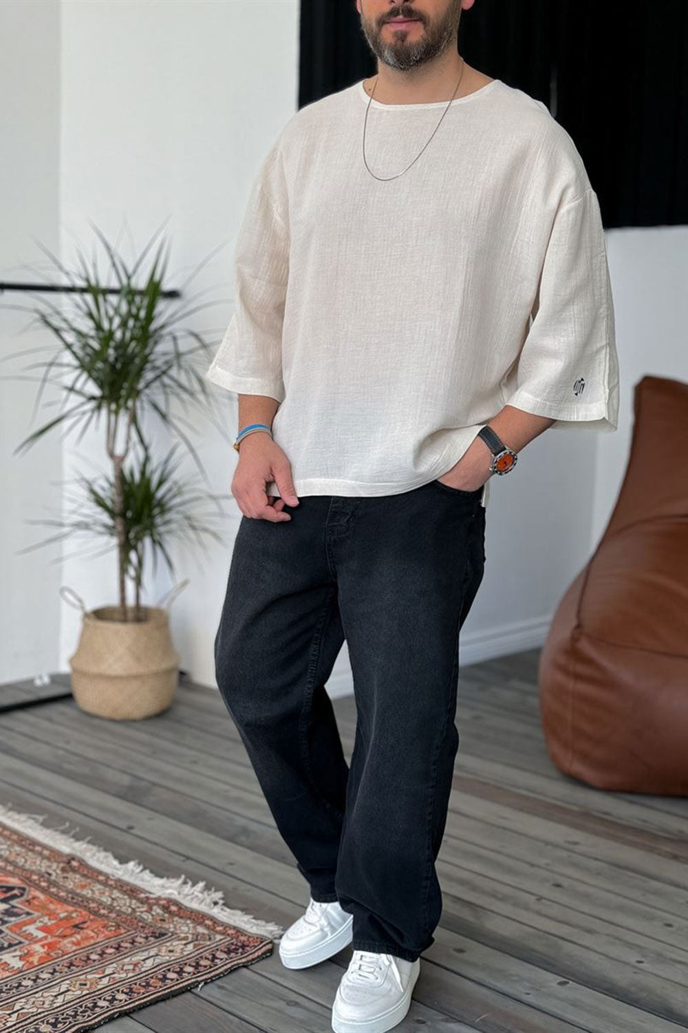 Three-Quarter 3/4 Sleeve T-Shirt σε Ύφανση Μουσελίνα – Μπεζ