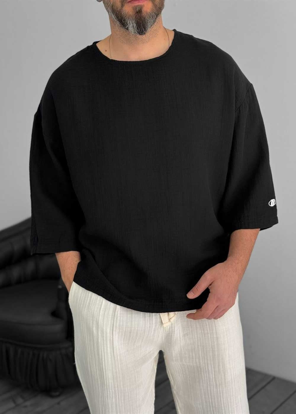 Three-Quarter 3/4 Sleeve T-Shirt σε Ύφανση Μουσελίνα – Μαύρο – 2