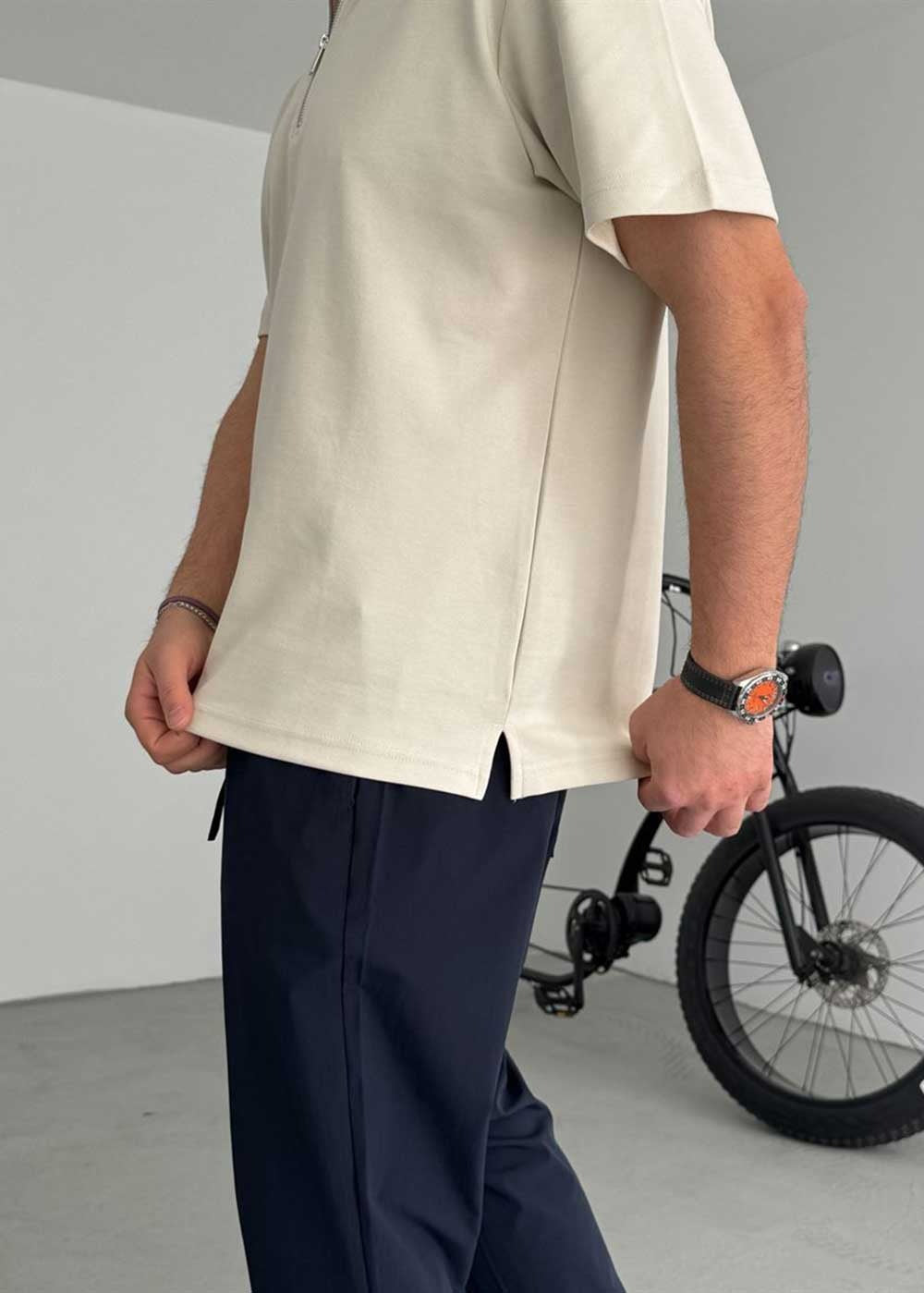 Polo Oversized T-Shirt Με Φερμουάρ – Μπεζ – 2