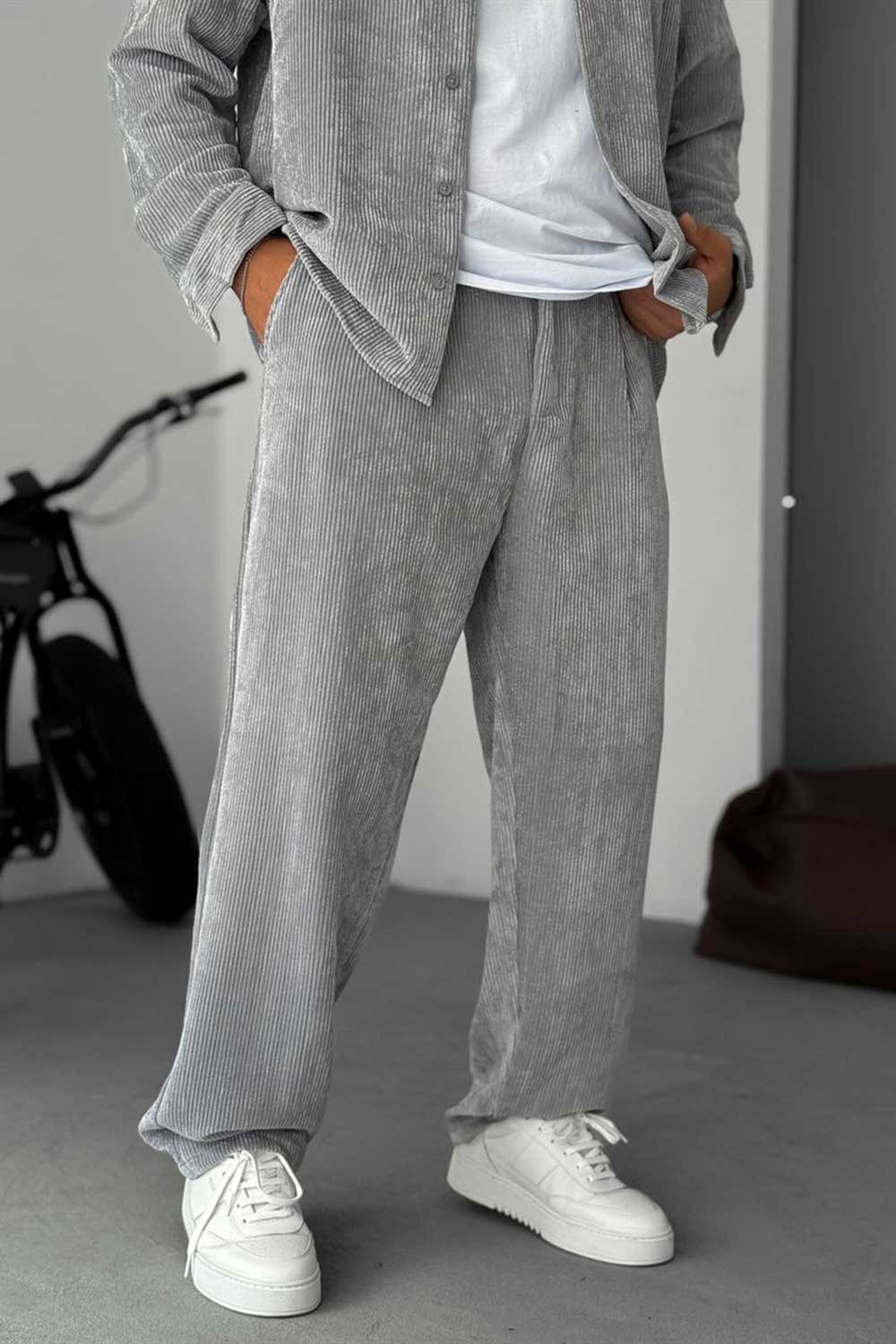 Ανδρικό Σετ Κοτλέ Oversized Πουκάμισο & Baggy Παντελόνι - Γκρι