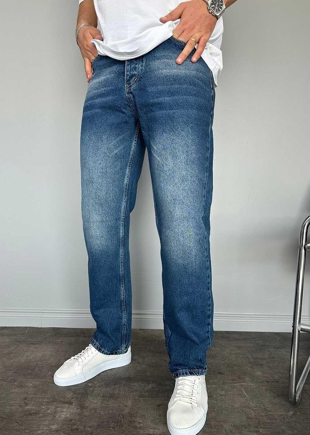 Baggy Denim Τζιν Παντελόνι Με Ραφές Και Ξεβαμμένο Εφέ – Μπλε – 3