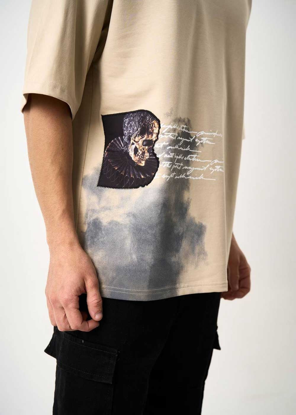 Skull Patches Oversized T-Shirt Με Σχέδιο – Μπεζ – 2