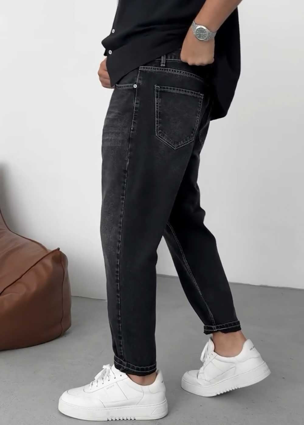 Παντελόνι Τζιν Loose Fit Με Ραφές Και Ξεβαμμένο Εφέ – Ανθρακί – 2