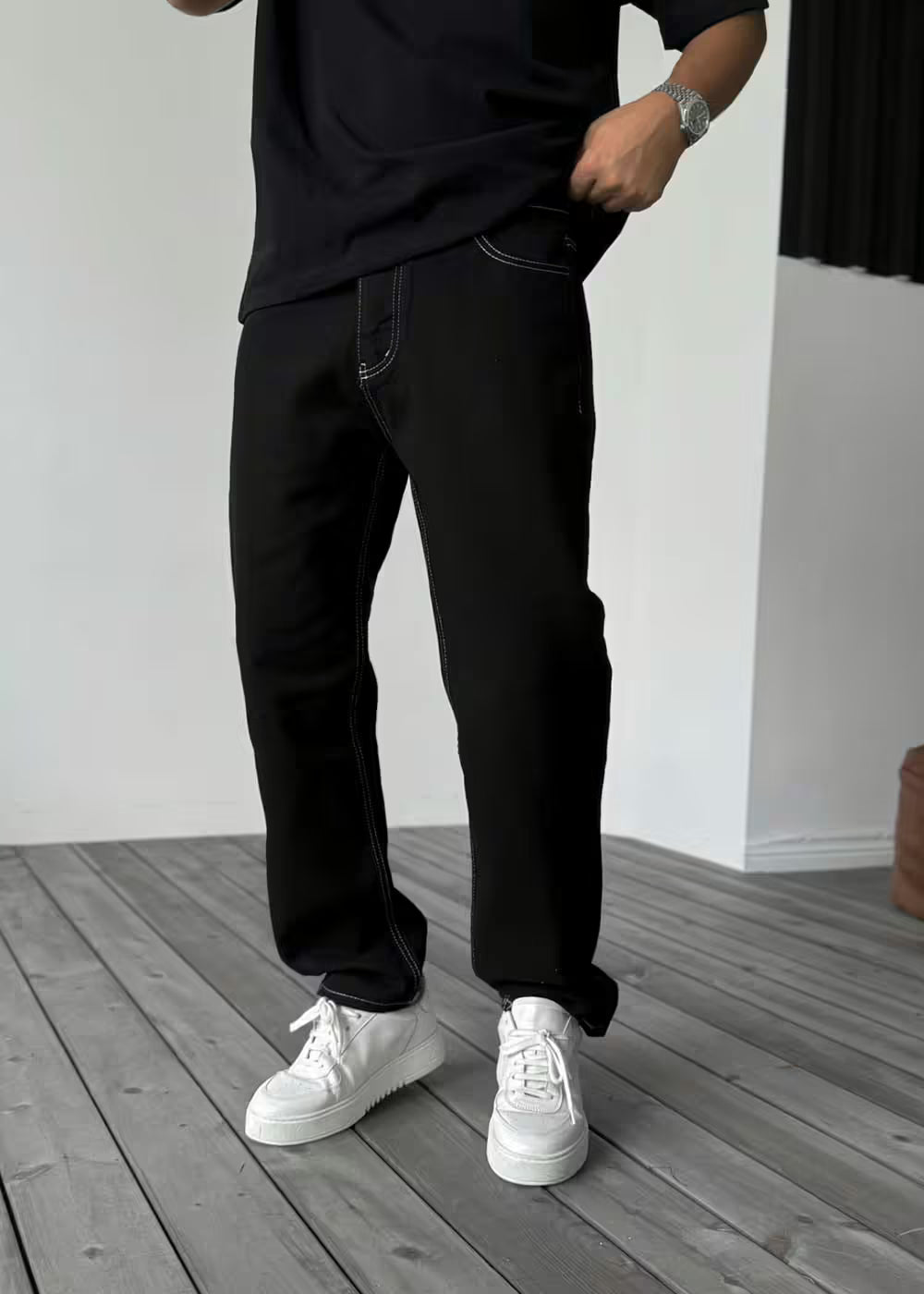 Baggy Denim Τζιν Παντελόνι Με Ραφές – Μαύρο